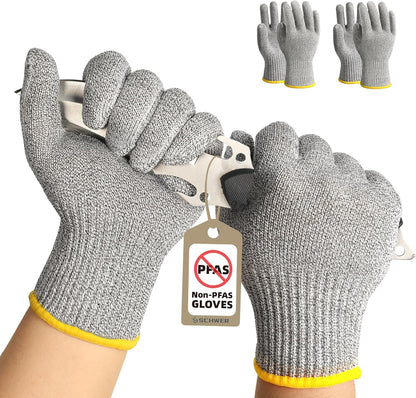 Pair of gray cut-resistant gloves with yellow cuffs holding a sharp blade, labeled non-PFAS gloves