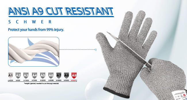 ANSI A9 cut-resistant glove with a sharp object being cut, on a light blue background.