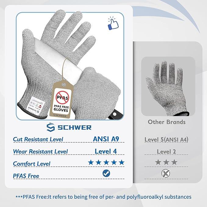 Schwer PFAS free cut resistant gloves with ANSI A9 protection, high wear resistance, and five-star comfort level