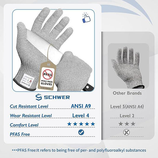 Schwer PFAS free cut resistant gloves with ANSI A9 protection, high wear resistance, and five-star comfort level
