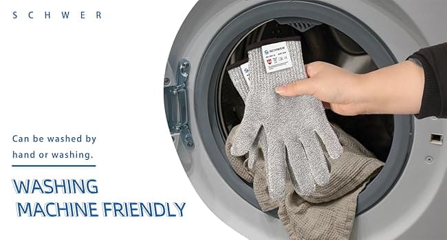 Person placing gloves into a washing machine with text indicating washing machine friendliness.
