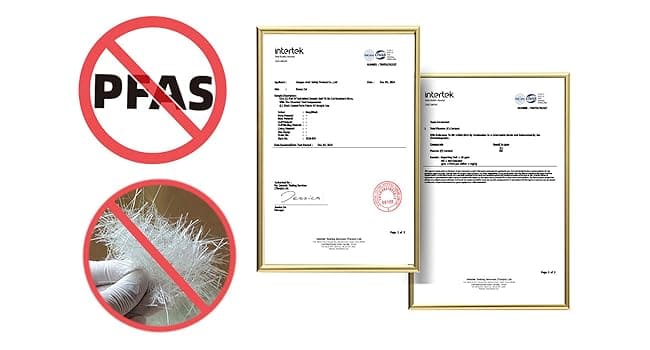 Two framed certificates with a 'No PFAS' symbol on a white background
