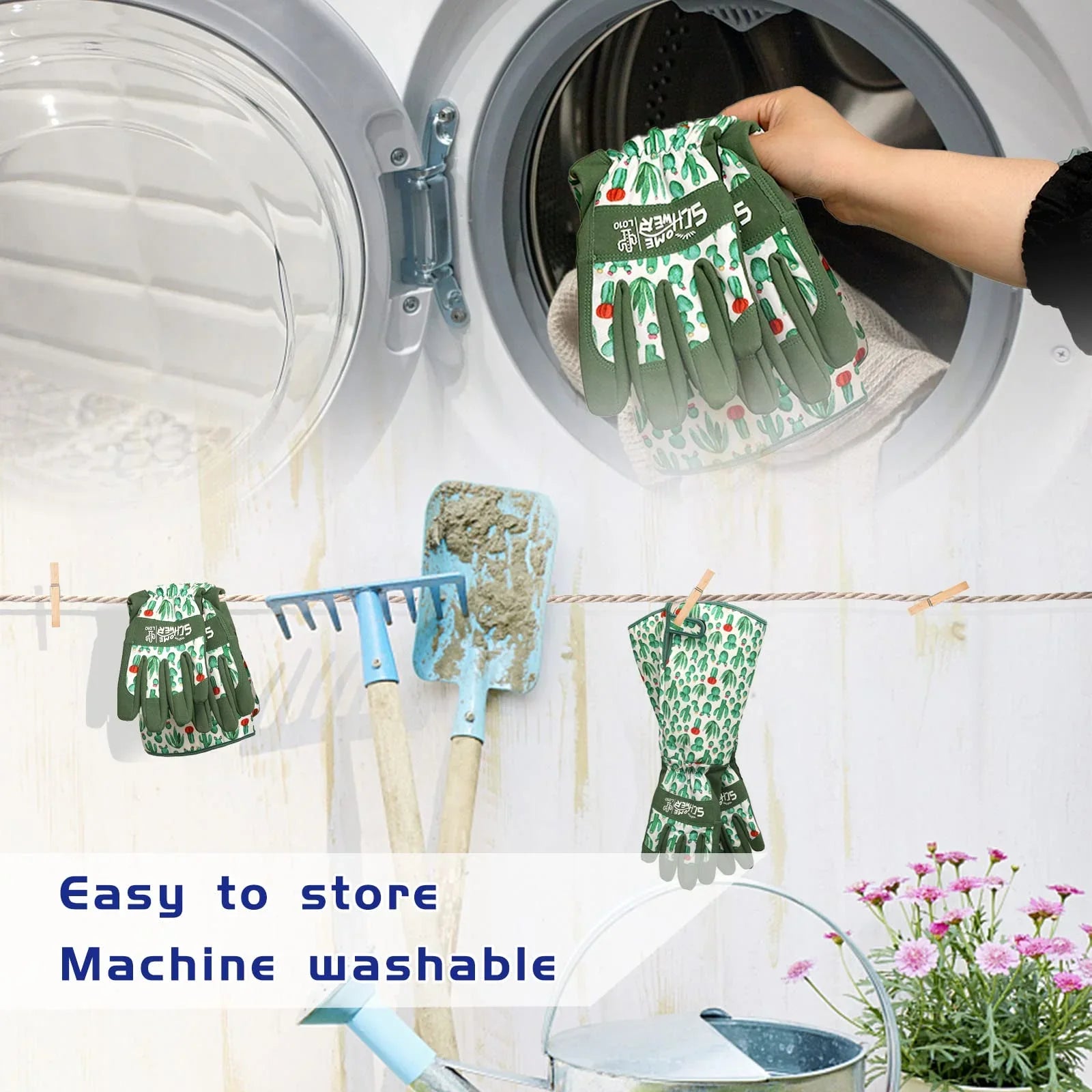 Green and white gardening gloves with cactus print being placed in a washing machine, also hanging on a clothesline with gardening tools nearby