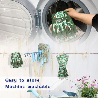 Green and white gardening gloves with cactus print being placed in a washing machine, also hanging on a clothesline with gardening tools nearby