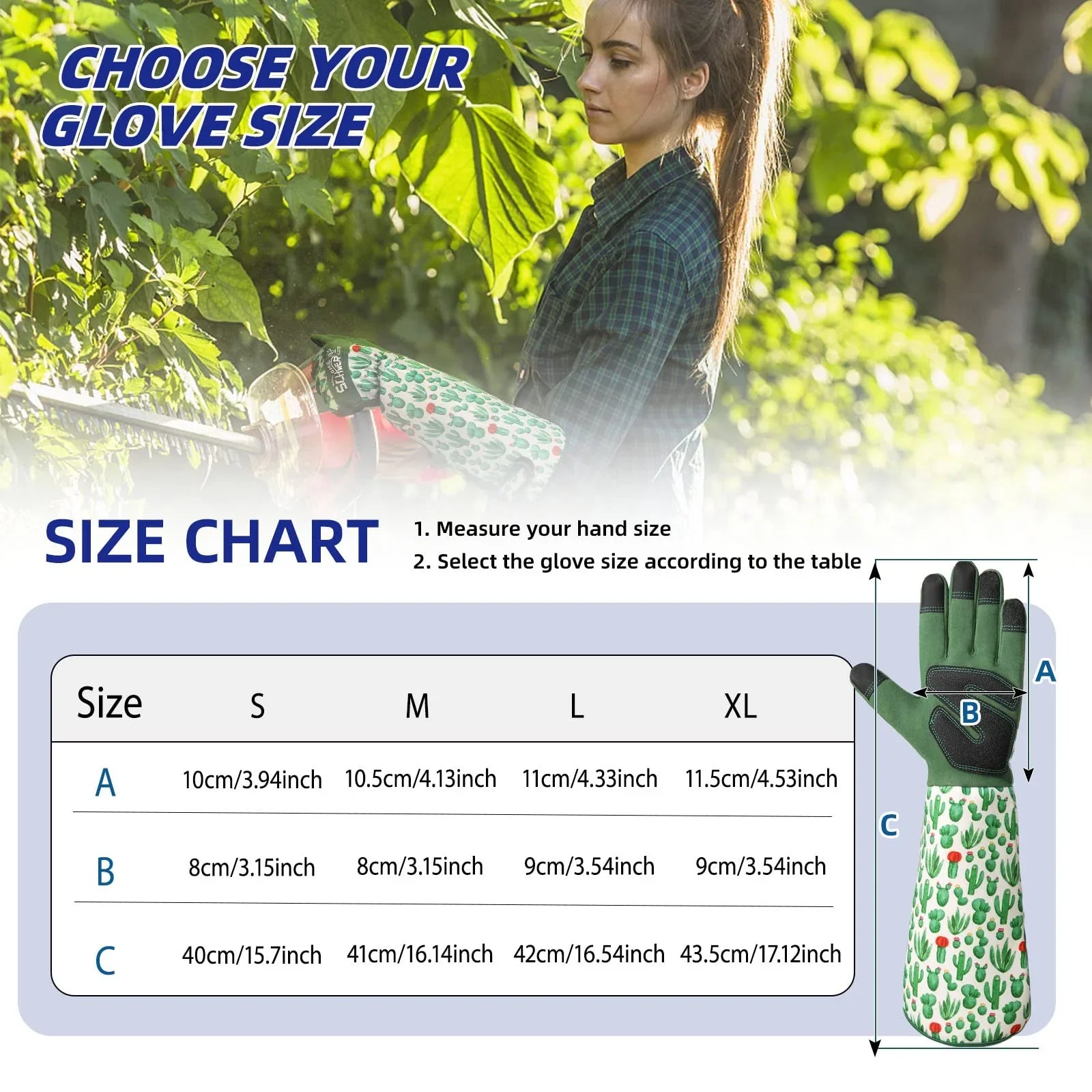 Woman holding a plant with gardening gloves and a size chart for choosing glove size.