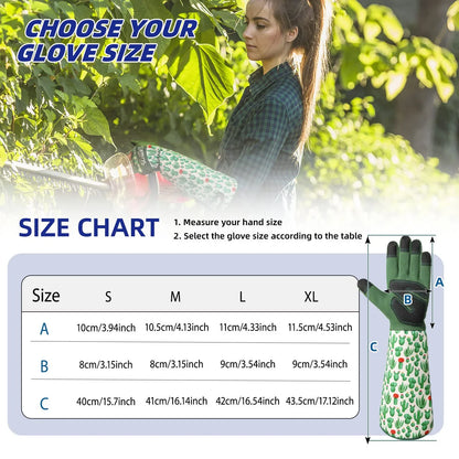 Woman holding a plant with gardening gloves and a size chart for choosing glove size.