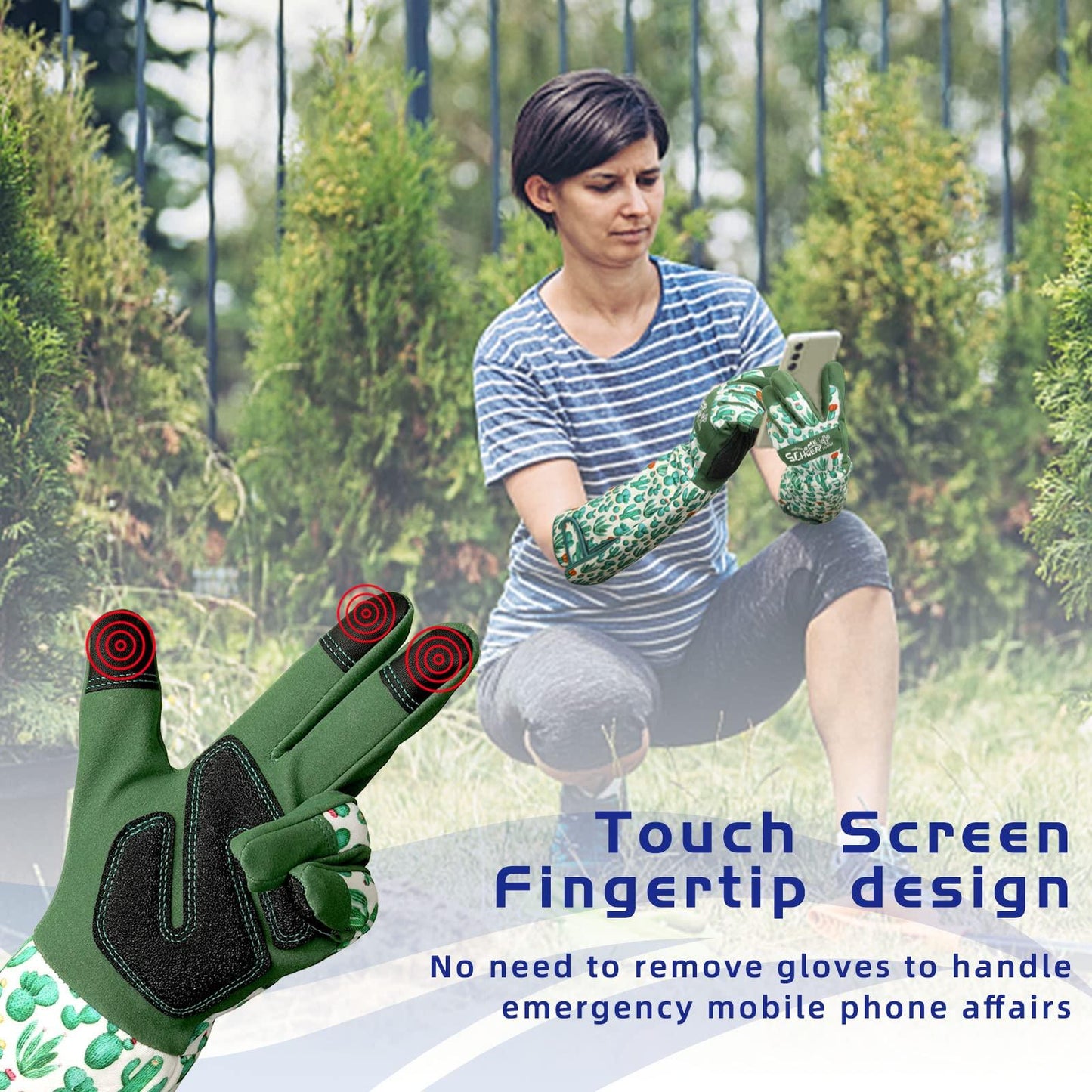Person wearing Schwergloves touchscreen gardening gloves with cactus print using smartphone outdoors