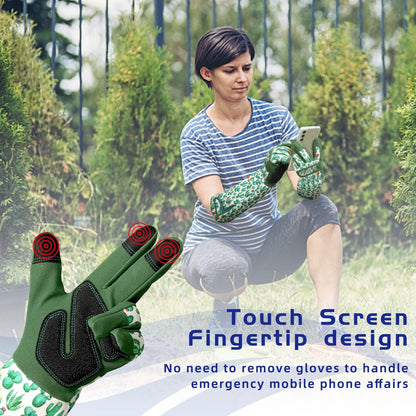 Person wearing Schwergloves touchscreen gardening gloves with cactus print using smartphone outdoors