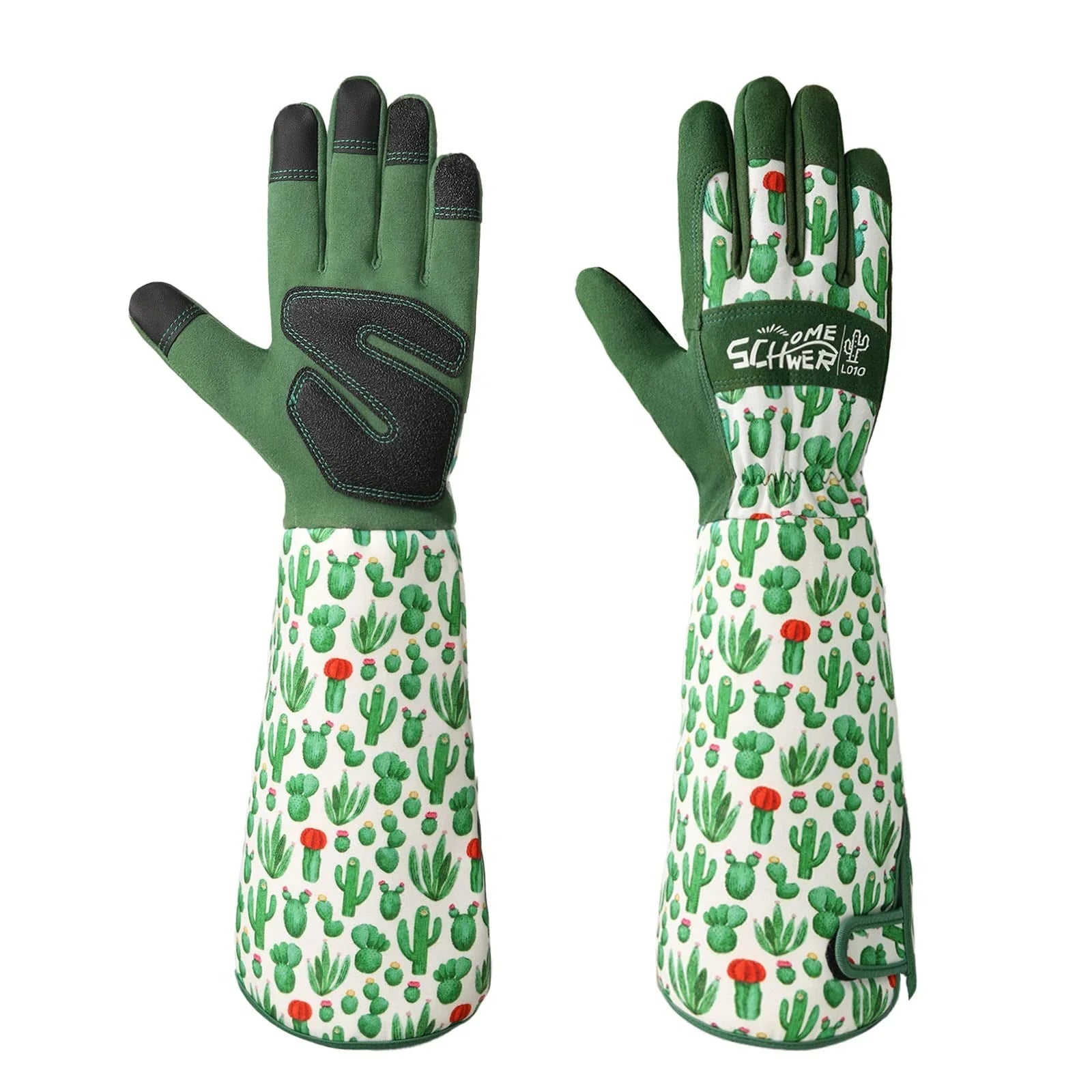 Long protective gloves with green palms, black reinforcements, and cactus-themed white fabric sleeves by Schwer
