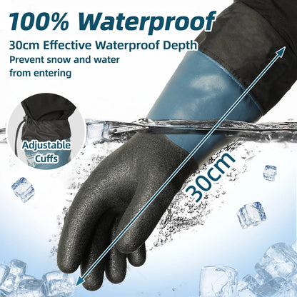 Waterproof blue and black gloves submerged in water showing 30cm waterproof depth and adjustable cuffs