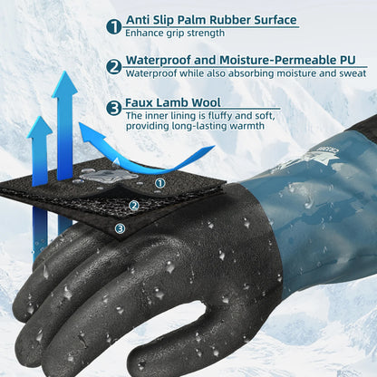 Waterproof winter gloves with anti-slip palm, moisture-permeable PU, and faux lamb wool lining