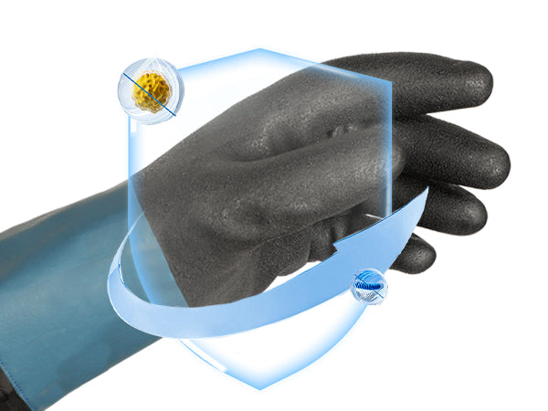 Black glove with a magnified view of a dandelion on a white background