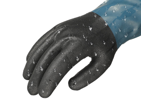 Black gardening glove with textured palm on a white background