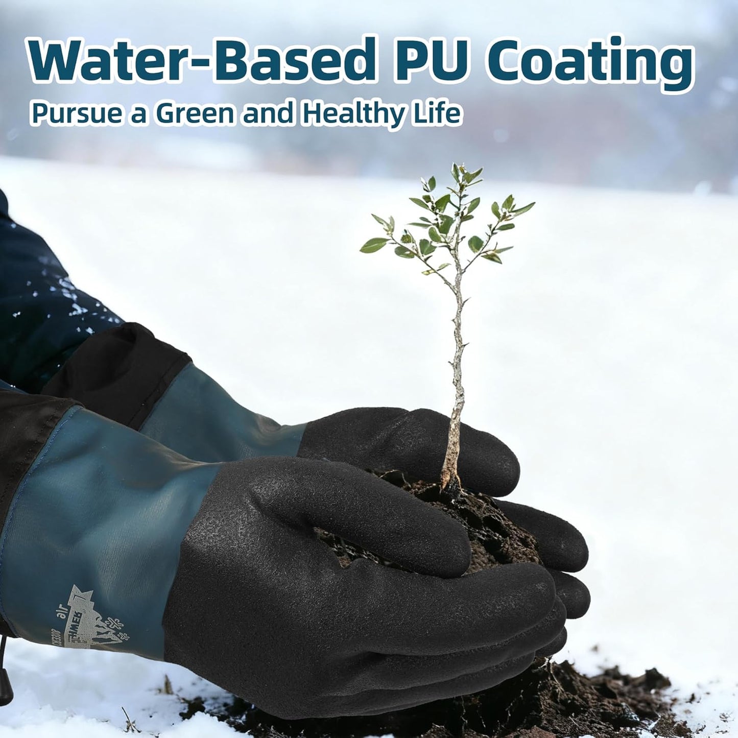 Person wearing gloves holding a small plant with text about water-based PU coating
