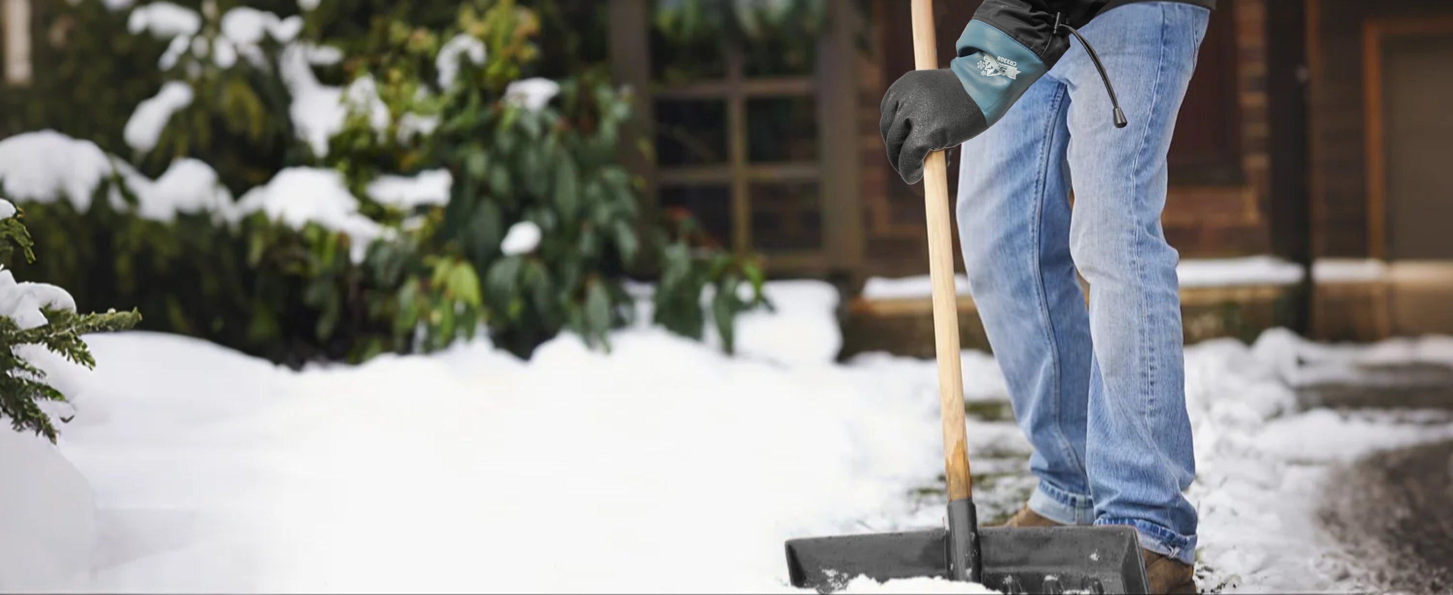 Person shoveling snow wearing blue jeans and gloves, with a blurred background of snow and greenery.