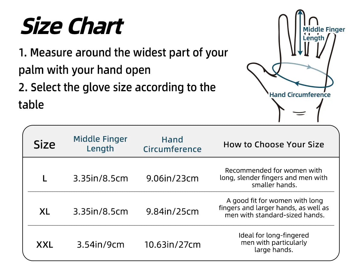 Glove size chart with measurements and instructions on how to choose the right size.