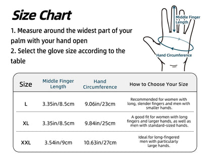 Glove size chart with measurements and instructions on how to choose the right size.
