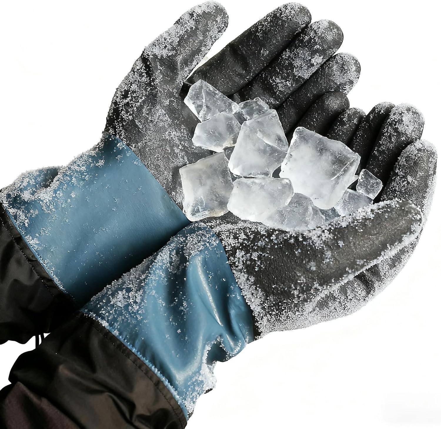 Hands wearing frost-covered cold weather gloves holding clear ice chunks against a white background