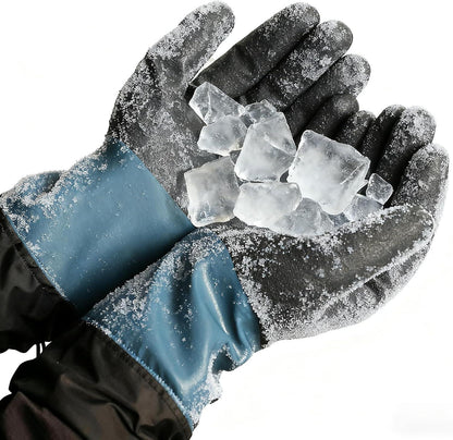 Hands wearing frost-covered cold weather gloves holding clear ice chunks against a white background
