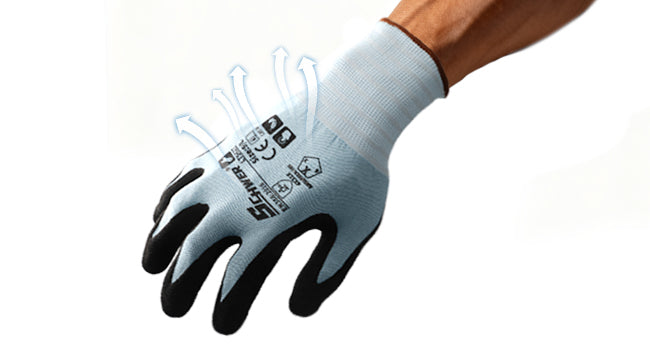 Gray work glove with black nitrile coating on a white background