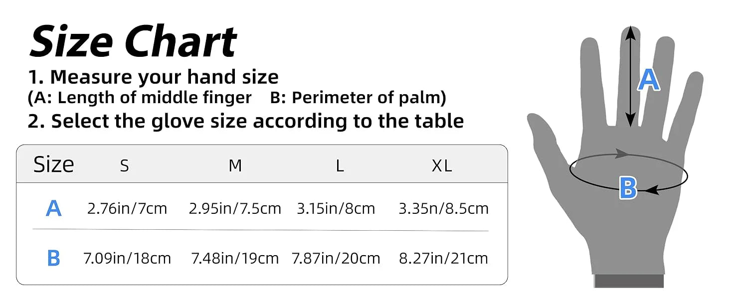 Glove size chart with measurements for hand size and glove sizing