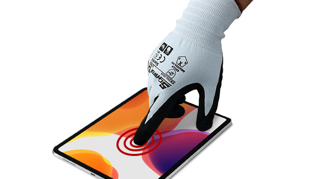 Hand wearing a white glove with black text holding a colorful electronic device on a white background