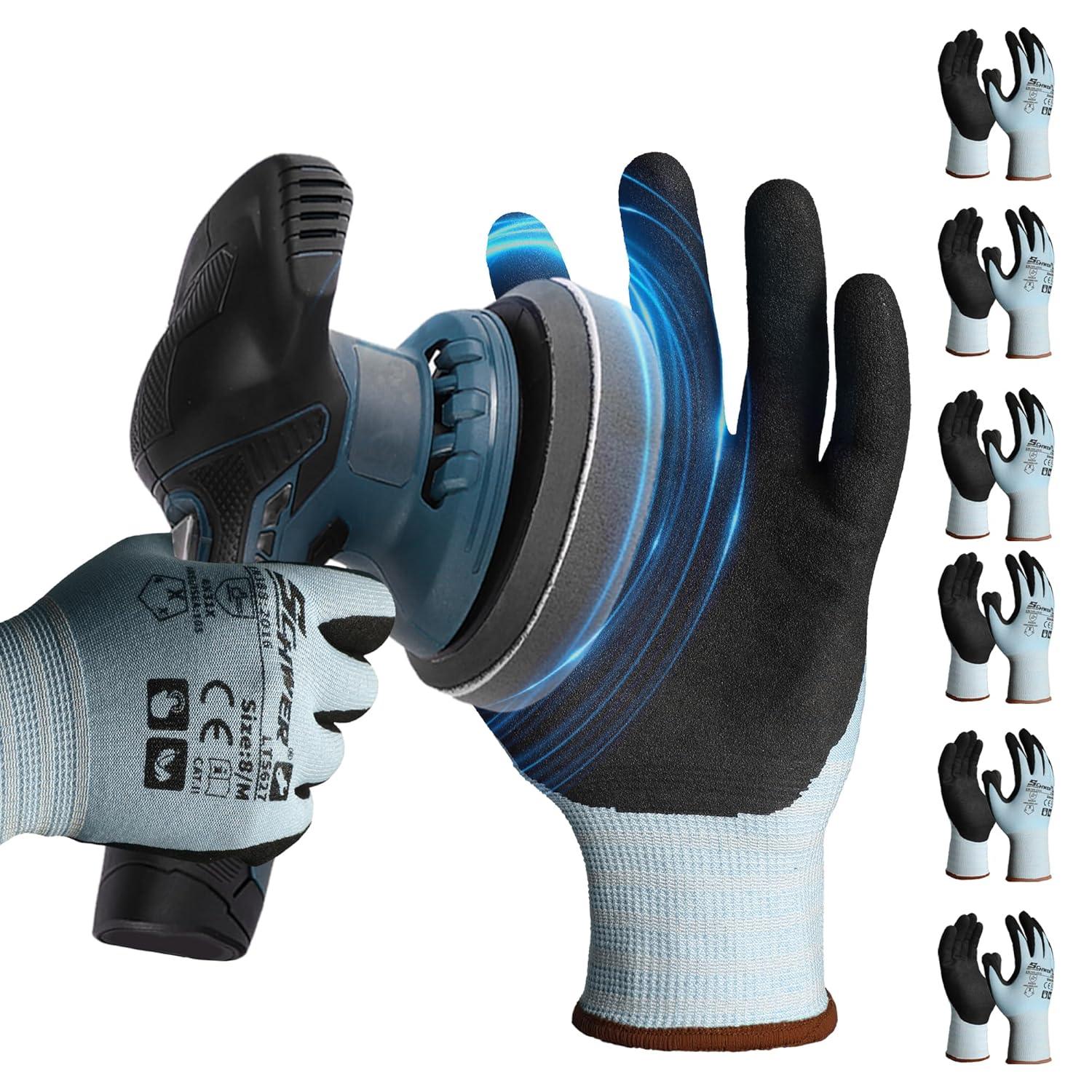 Cut resistant work gloves shown with hand holding a power tool sander, highlighting glove durability and protection