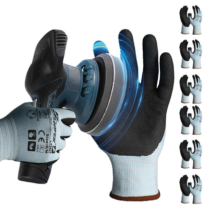 Cut resistant work gloves shown with hand holding a power tool sander, highlighting glove durability and protection