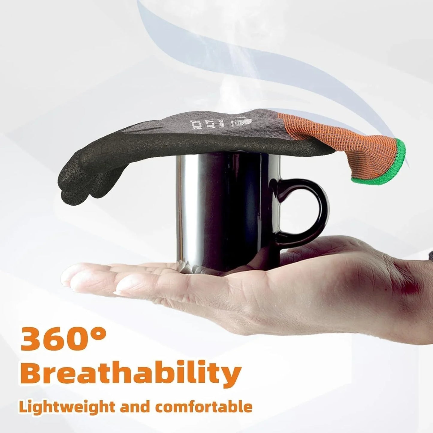 Hand holding a mug with a breathable sleeve, emphasizing 360-degree breathability.