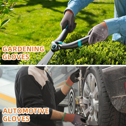 Two images showing gardening and automotive activities with gloves on. Top image: Gardening with gloves on a hedge.