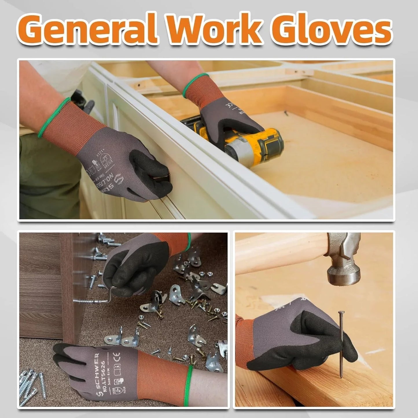 General work gloves being used in various construction tasks on a wooden surface.