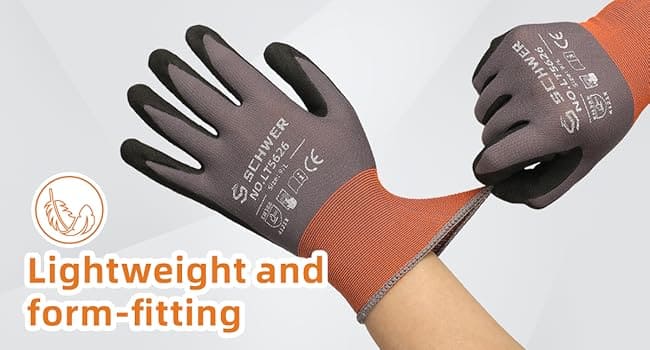 Pair of gloves with text highlighting lightweight and form-fitting properties on a white background