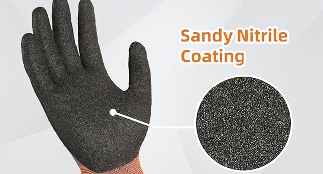 Black nitrile glove with sandy texture coating and close-up detail on a white background