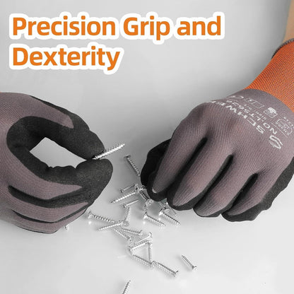 Gloves with text 'Precision Grip and Dexterity' holding screws on a light gray background
