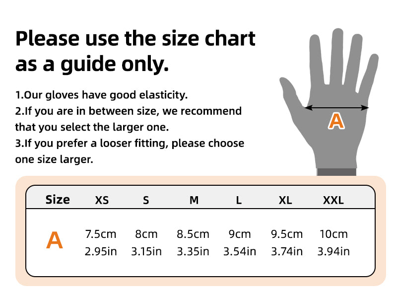 Glove size chart with measurements and a hand illustration for guidance