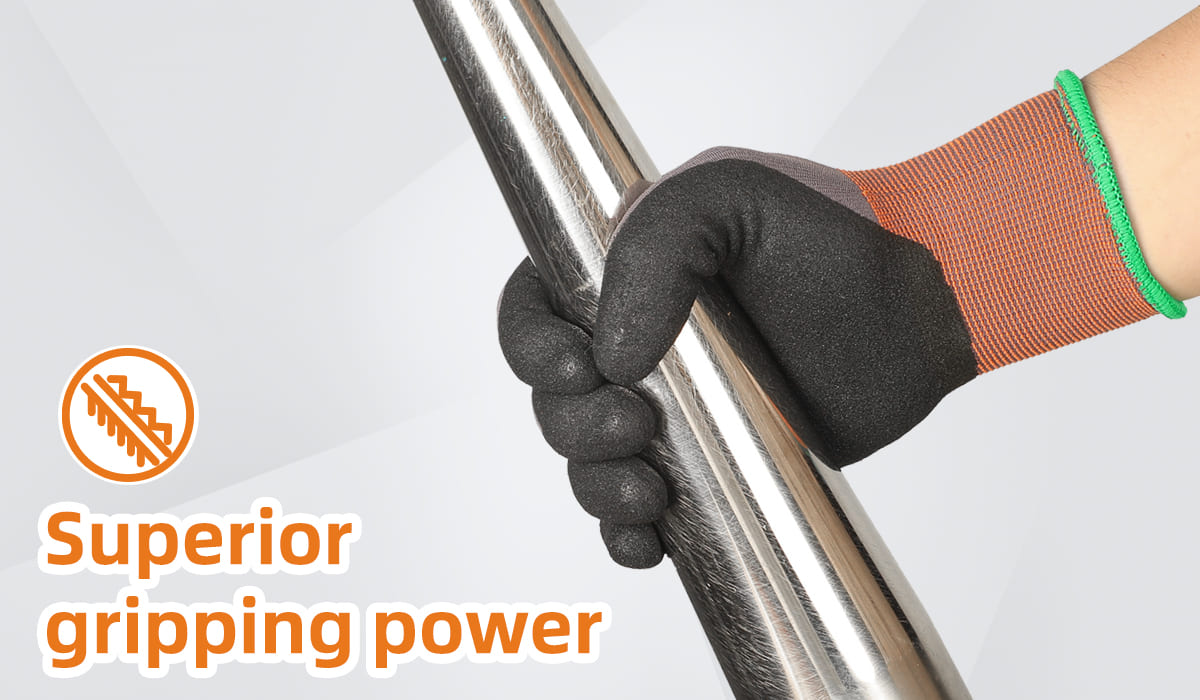 Hand wearing a black glove gripping a metal bar with text 'Superior gripping power' on a white background