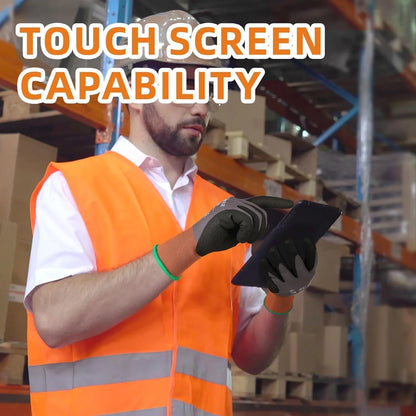 Person in a warehouse wearing an orange safety vest and using a tablet with text 'TOUCH SCREEN CAPABILITY' above.
