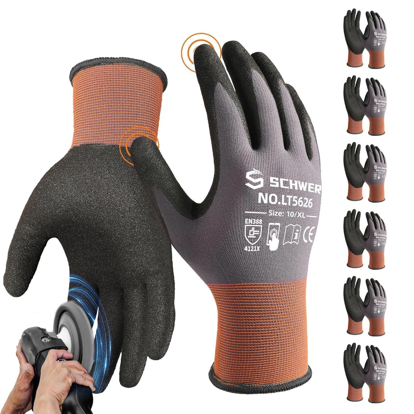 Schwergloves industrial cut-resistant work gloves with orange cuffs, black grip coating, and safety certification