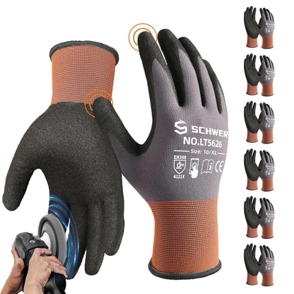 Schwergloves industrial cut-resistant work gloves with orange cuffs, black grip coating, and safety certification