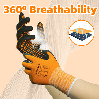 Orange and black Schwergloves work gloves demonstrating 360-degree breathability with ventilation graphic