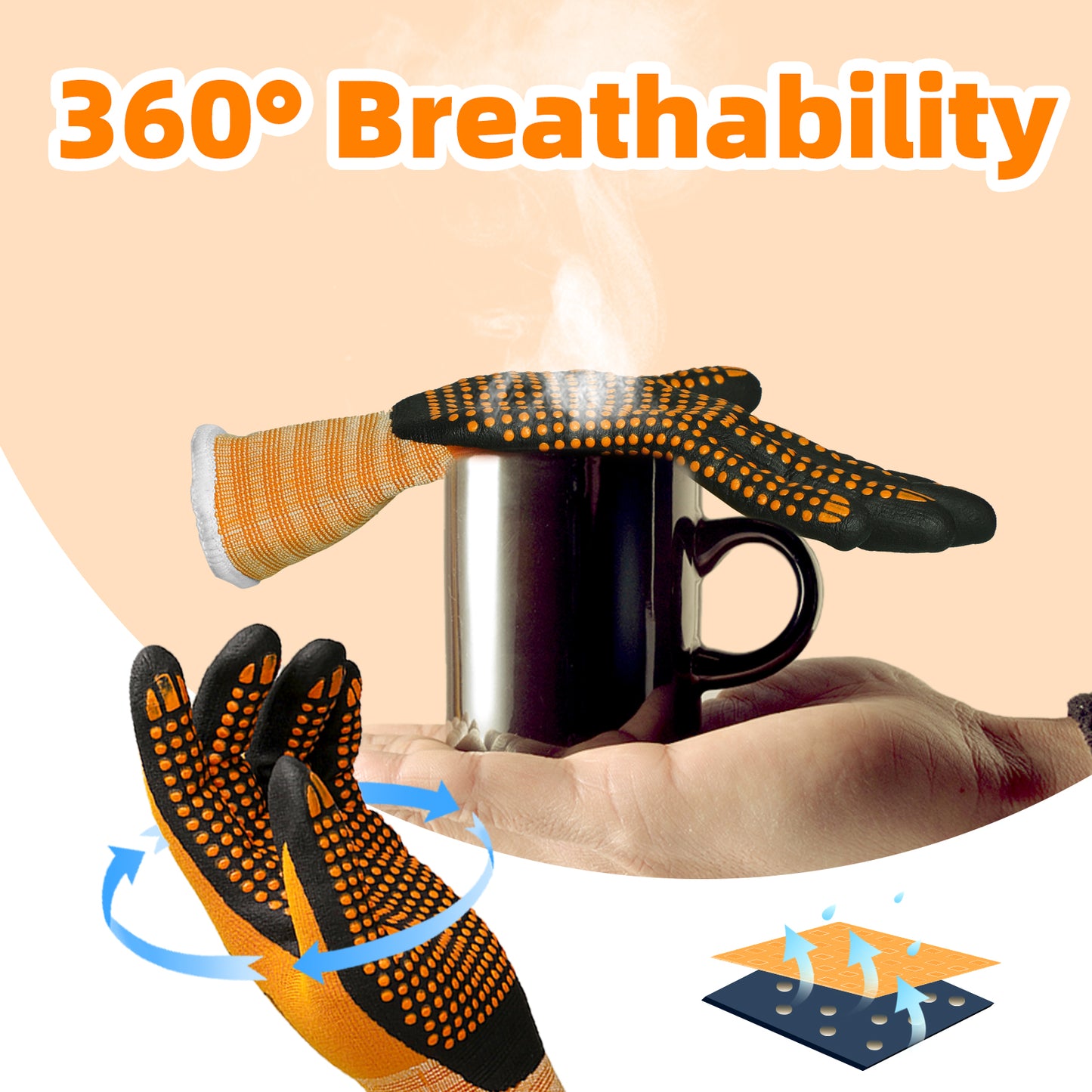 Orange and black breathable work gloves with dotted grip holding a steaming black mug, highlighting 360° breathability