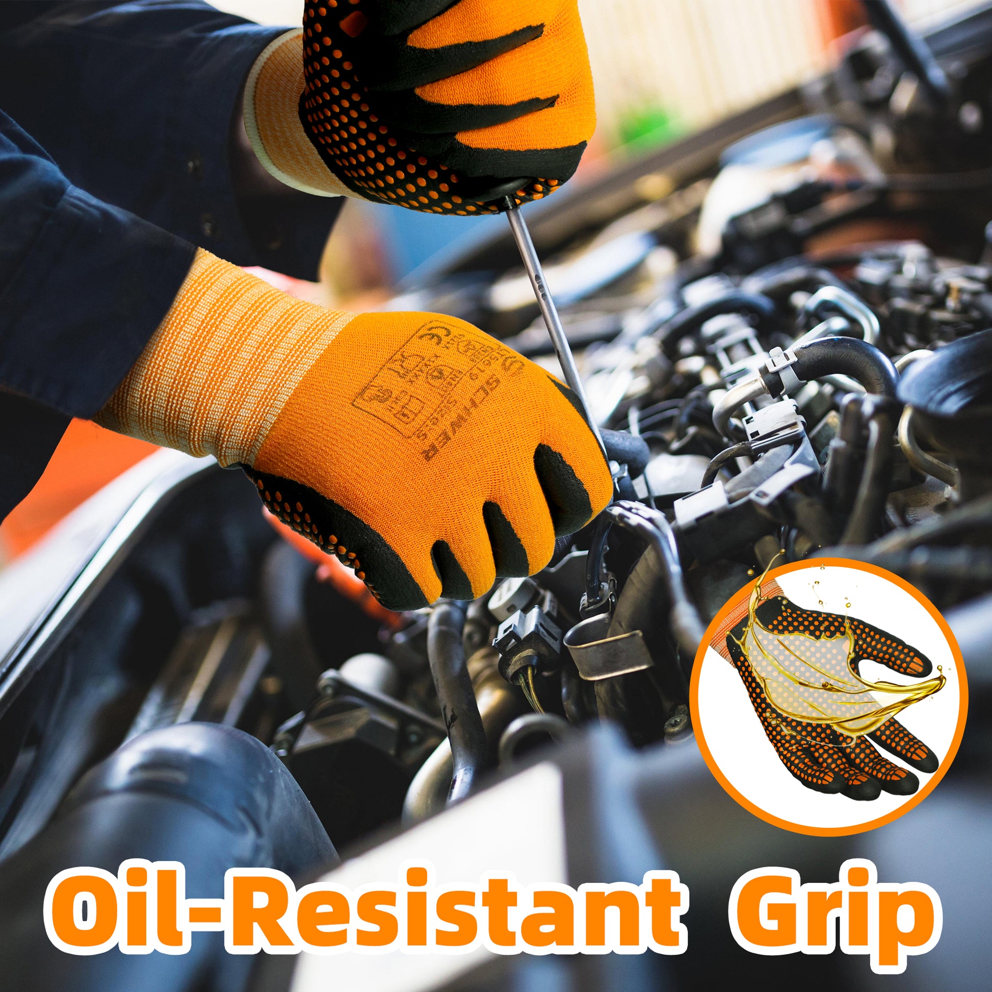 Hands wearing orange and black Schwergloves working on a car engine, showing oil-resistant grip gloves
