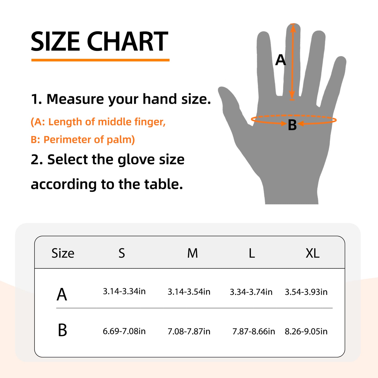 Hand size chart showing how to measure middle finger length and palm perimeter for glove sizing