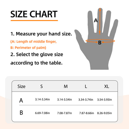 Hand size chart showing how to measure middle finger length and palm perimeter for glove sizing