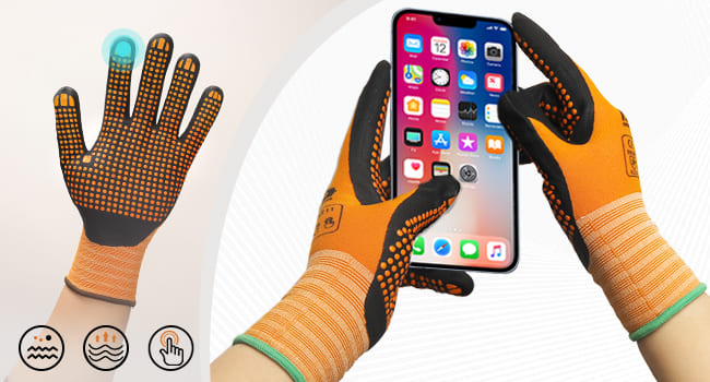 Gloves with textured palm holding a smartphone on a light background