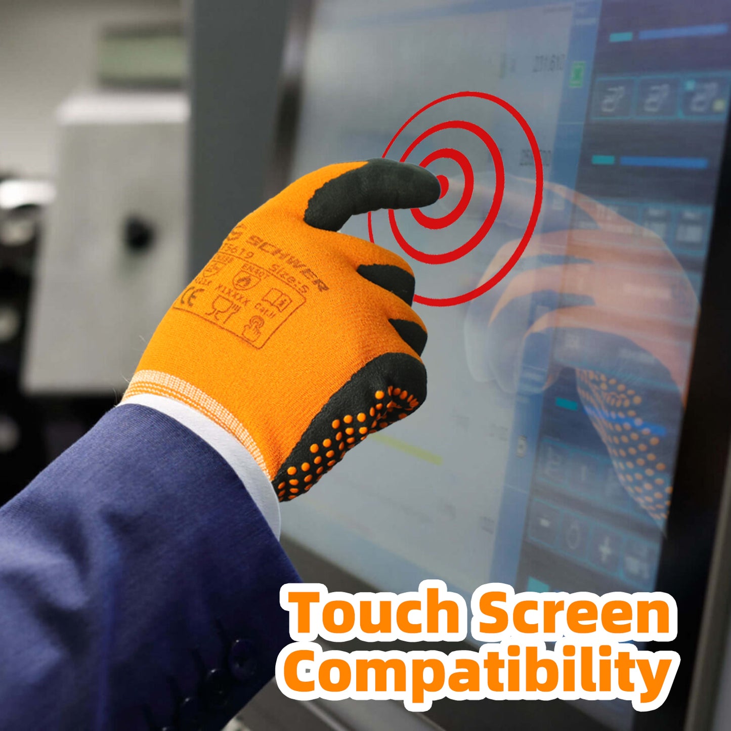 Orange and black protective work glove touching a touchscreen with red target icon, showcasing touch screen compatibility