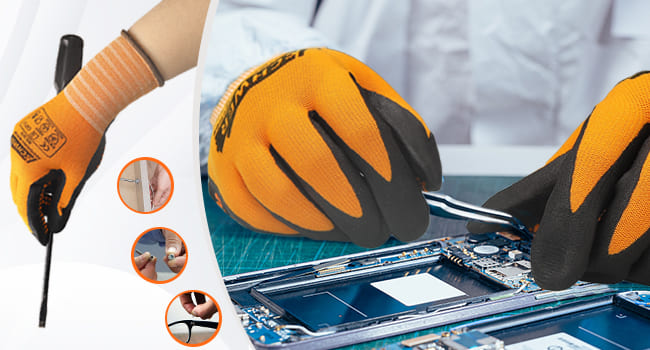 Person wearing orange and black gloves repairing electronic equipment with a screwdriver.