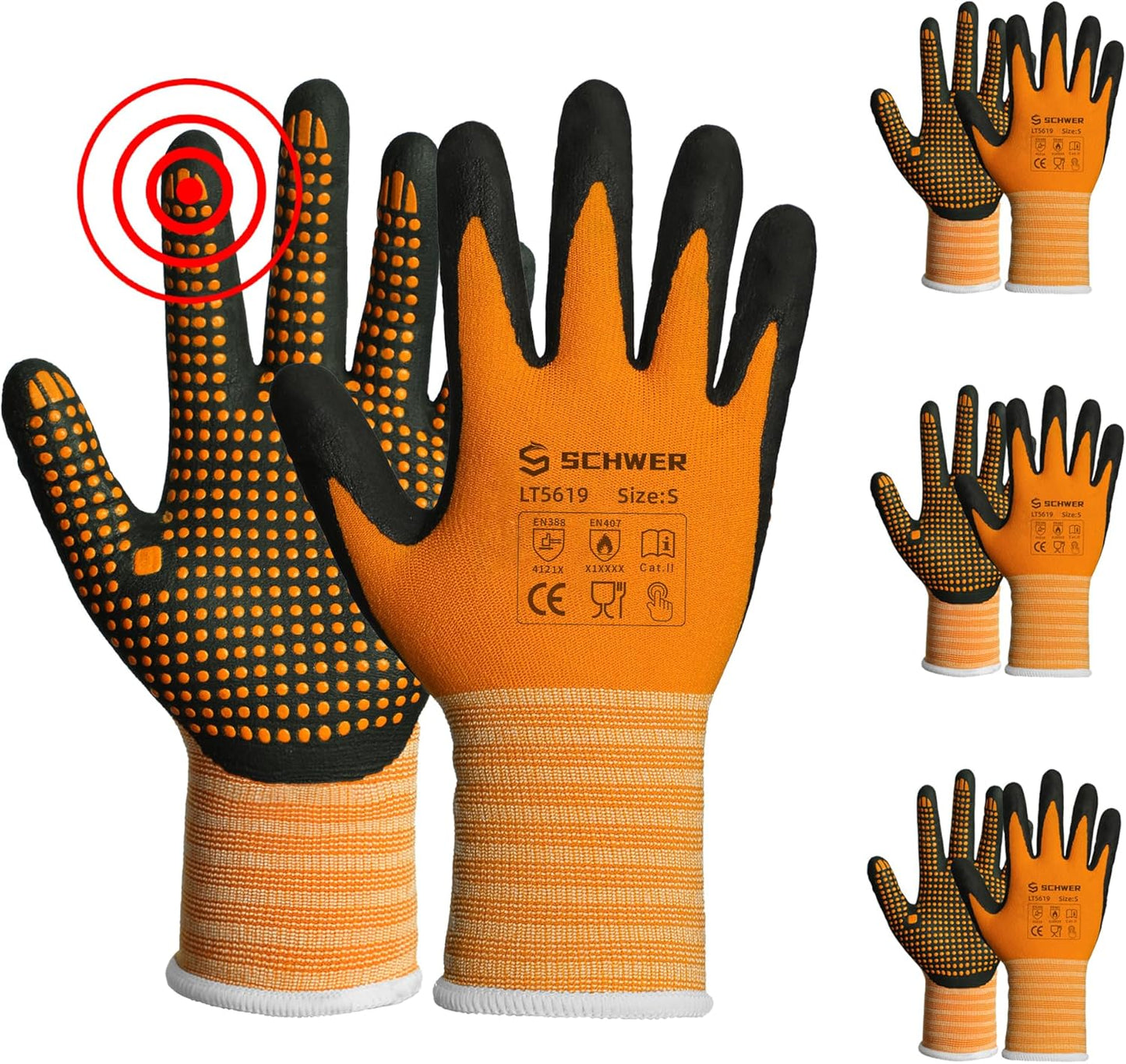 Orange and black Schwer LT5619 small size safety gloves with dotted grip and protective coating