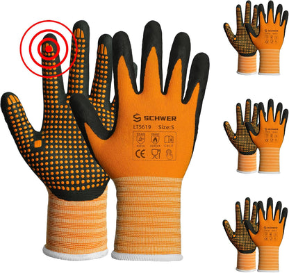 Orange and black Schwer LT5619 small size safety gloves with dotted grip and protective coating
