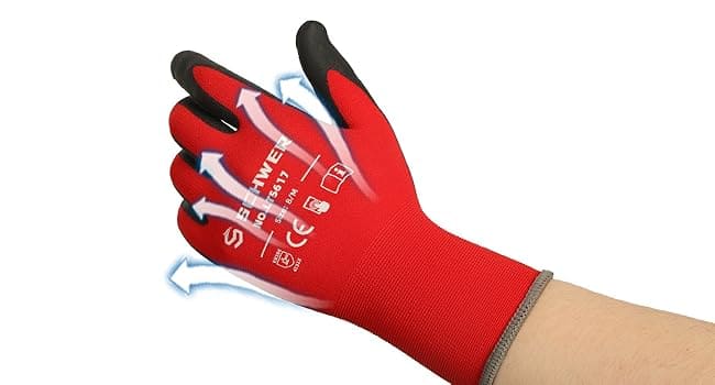 Red work glove with black accents on a white background